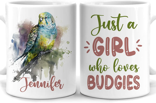 Hyturtle Personalized Gifts Budgie Lover - Just A Girl Who Loves Budgies Custom Name Ceramic Coffee Mug Cup 11oz - Idea Cute Animal Lover Gifts For Women, Girl Daughter On Birthday, Christmas