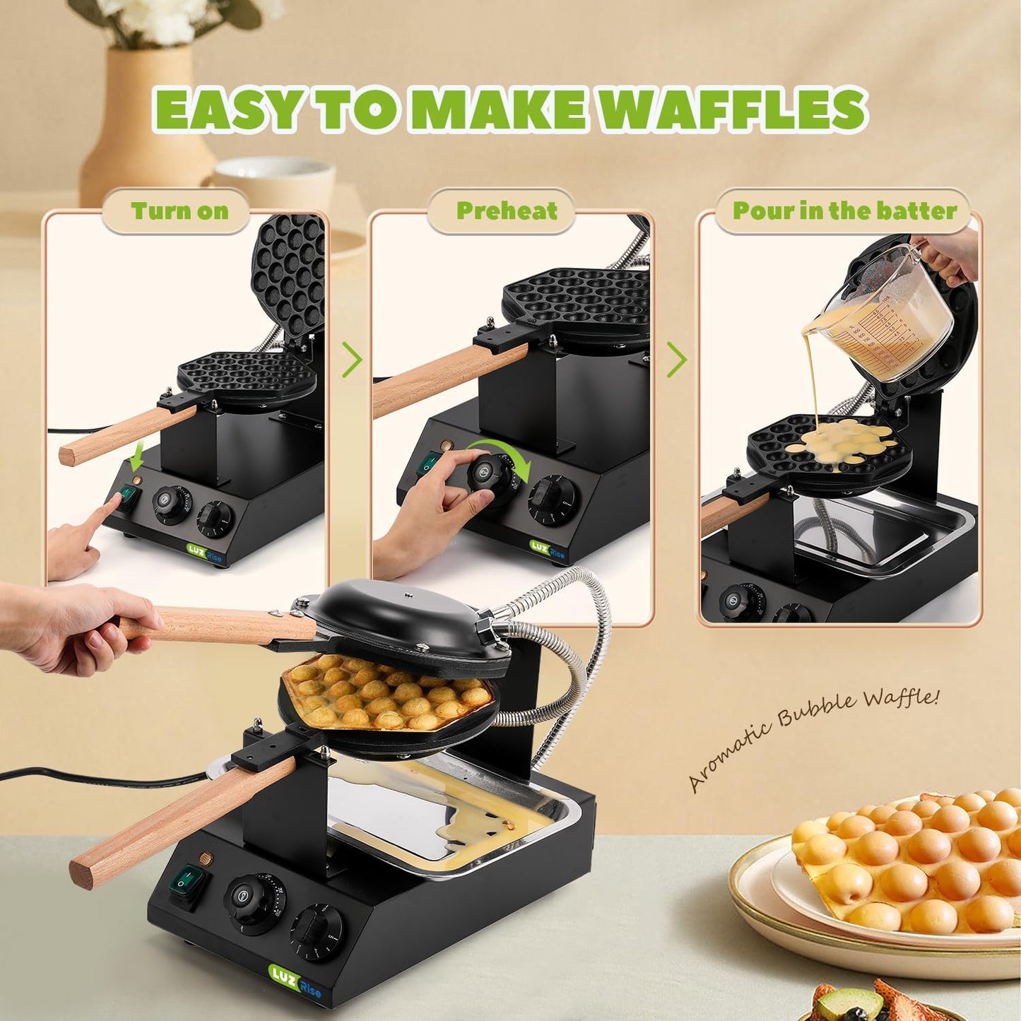 1400W Bubble Waffle Maker Non-stick Electric Waffle Iron Machine 360° Rotate 482℉/250℃ 3Min Fast Heating with 4 Accessories（Brush/Clip/Picker/Dishcloth）