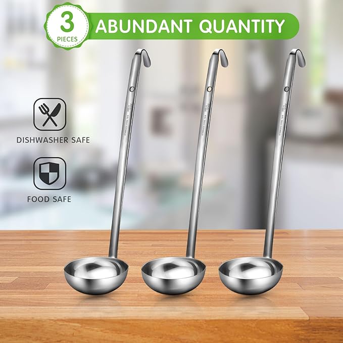 meekoo 3 Pieces Stainless Steel Ladle Soup Handle Ladle with Pouring Rim for Kitchen Cooking Soup Sauce(10 oz)