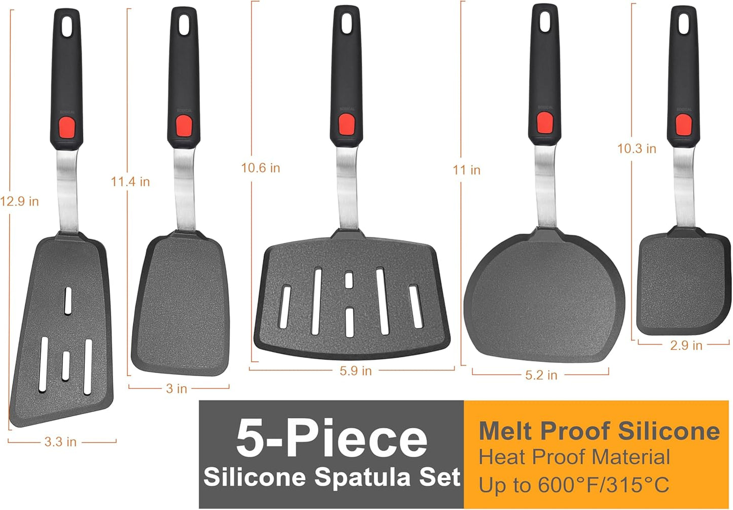 Mixed 5 Piece Silicone Spatula Set, 600F Heat-Resistant No-Melt Rubber Spatula Handle and Blade - Kitchen Cooking Utensils for Nonstick Cookware, Spatula Turner for Egg,Pancake,Burger- Dishwasher Safe