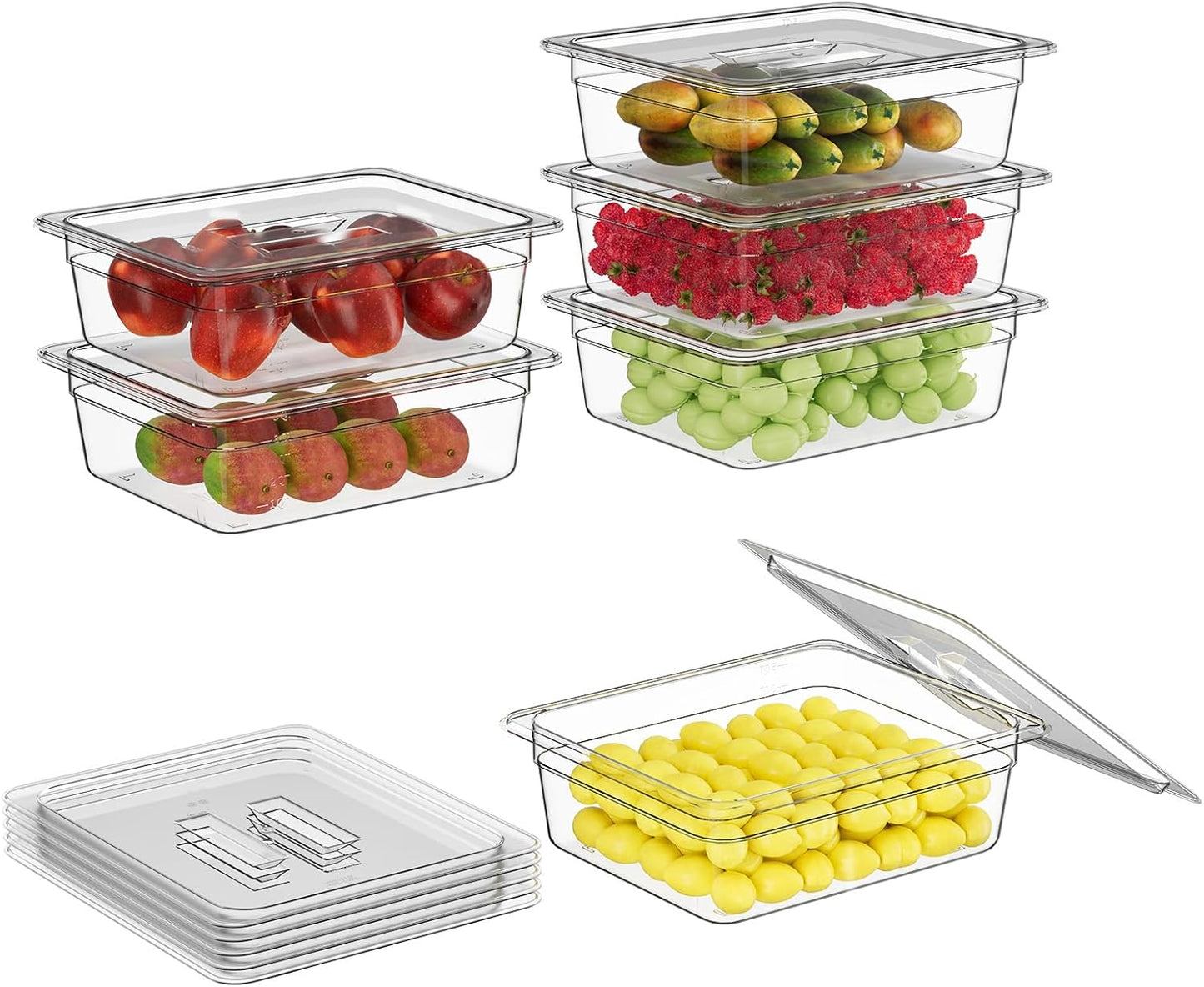 1/2 4'' 6 Pack Plastic Food Pans With Lids, Clear Food Pan, Commercial Stackable Polycarbonate Freezer-Safe for Fruits Vegetables Restaurant Kitchen