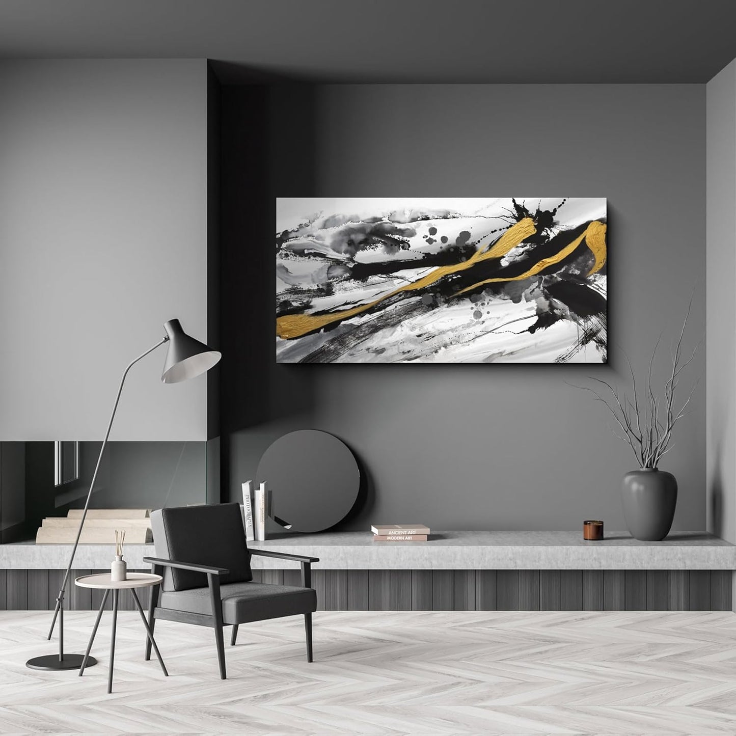 XLSJERST Black and White Abstract Wall Art - Canvas Wall Art for Living Room Bedroom Modern Gold Ink Painting Style Picture Artwork for Wall Decor Size 24x48 Inches