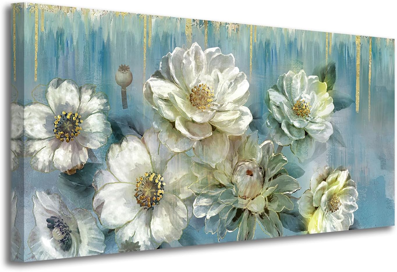 Ardemy Floral Canvas Wall Art Extra Large Magnolia White Flowers Pictures Wall Decor Teal Textured Paintings Modern Turquoise Artwork for Living Room Bedroom Dinning Room Home Office, 58"x29"