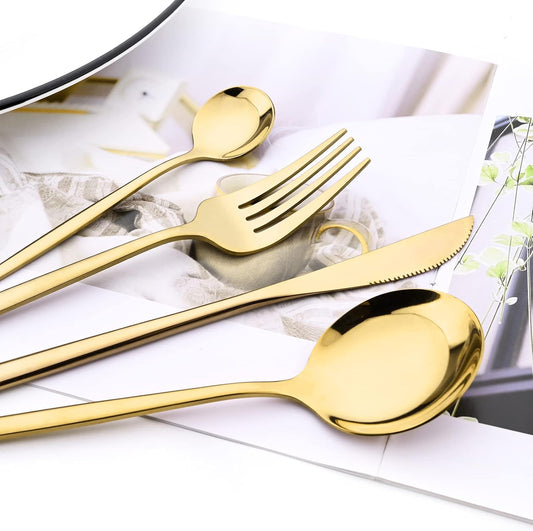 24-Piece Mirror Gold Polished Flatware, 18/0 Stainless Steel Dinnerware Set Include Knife Fork Spoon Teaspoon Cutlery Set For Home Restaurant and Party Service For 6, Dishwasher Safe