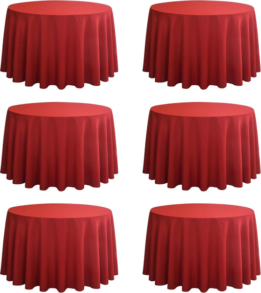 6-Pack Round 108-inch Red Table Cloths, Solid Stain and Wrinkle Resistant Circular Tablecloth, Premium Plain Weave Polyester Fabric Table Linen Covers for Hotel, Banquet