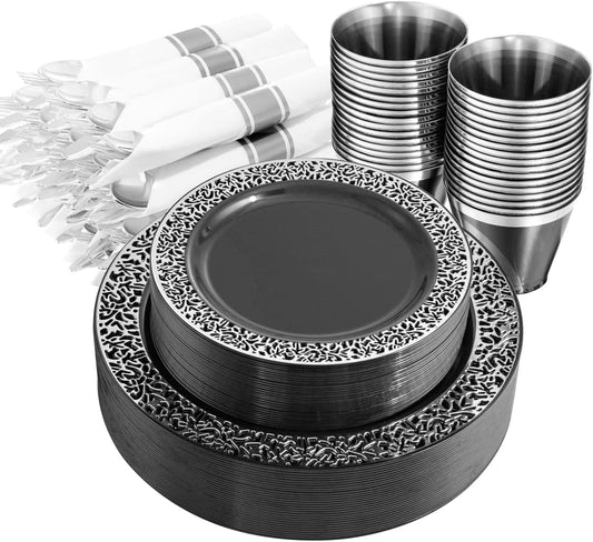 NOCCUR 210PCS Black and Silver Dinnerware Set for 30 Guests - Black Plastic Plates with Silver Rim Include 30 Dinner / 30 Dessert Plates, 30 Prewrapped Silverware, 30 Cups Ideal for Party, Halloween