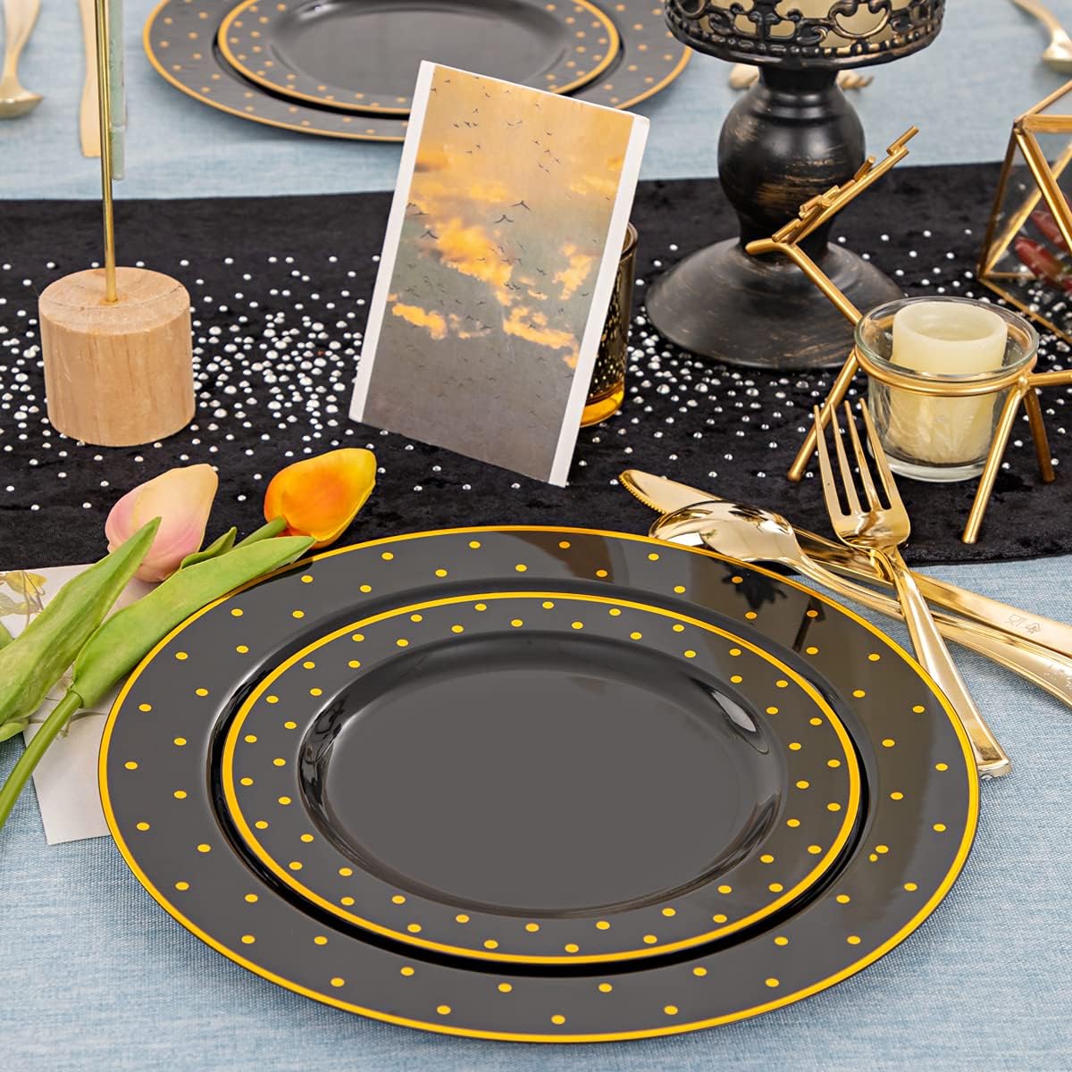DaYammi 200Pcs Black and Gold Plates Black Plastic Disposable Plates for Party Black Gold Supplies Includes 40 Dinner Plate,40 Dessert Plate,40 Forks,40 Knives,40 Spoons for Halloween Party