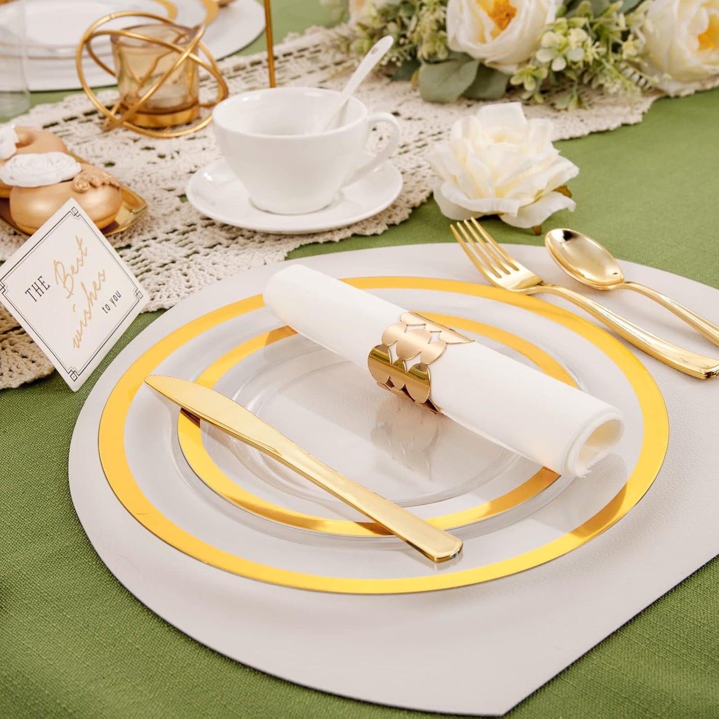 YOUBET 210PCS Clear Gold Plastic Dinnerware - Gold Plastic Plates and Golden Dinnerware Includes 30 Dinner Plate, 30 Dessert Plate, 30 Gold Cups, 30 Napkins for Party & Wedding Thanksgiving