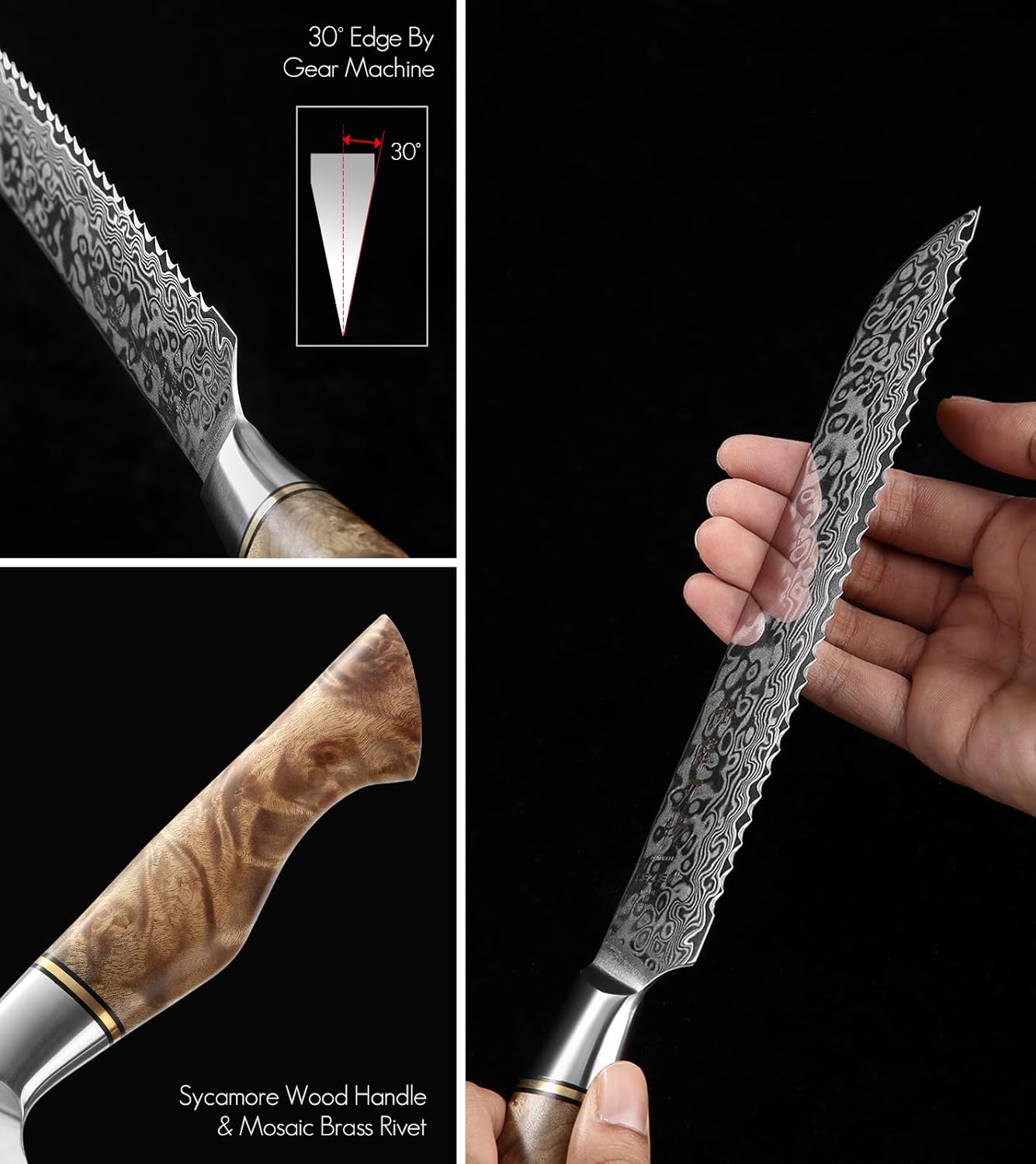 HEZHEN 8.3 Inch Serrated Bread Knife, Damascus Steel Cake Knife,High Carbon Steel Kitchen Knife, Wood Handle and Gift Box