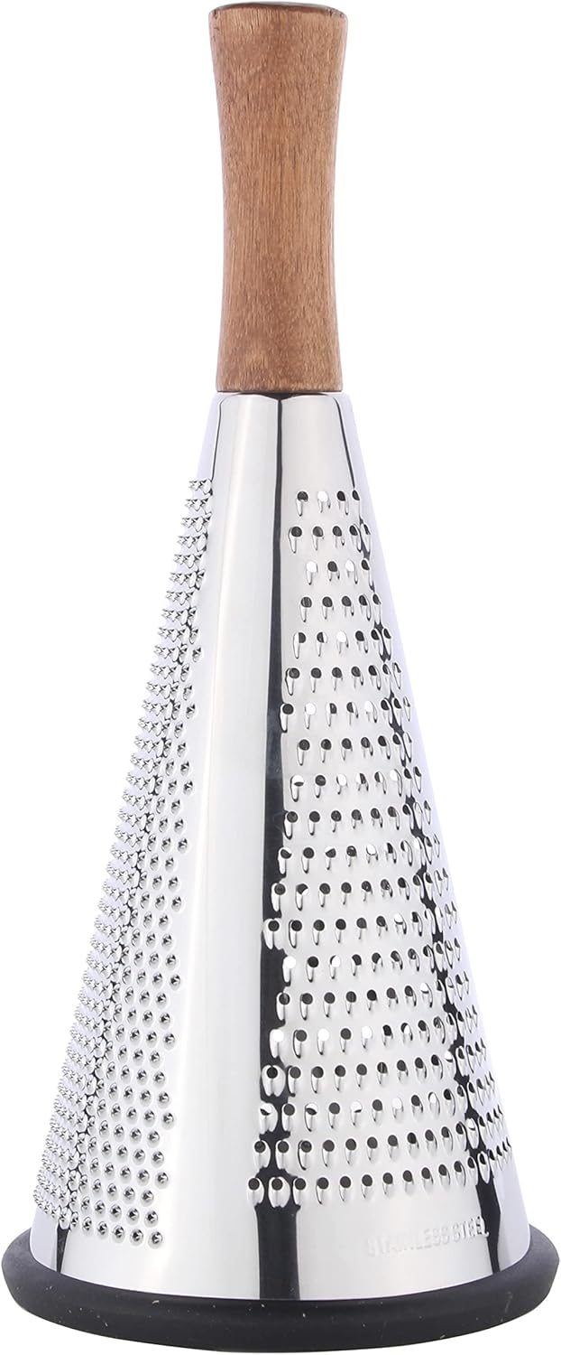 Cone Cheese Grater with Handle - Stainless Steel Triple Function Wood Handle Parmesan Shaver Non-Slip Rubber Bottom Hand Held Multifunction Vegetables Cheese Grater with container(XL:11.8" X 5.1")