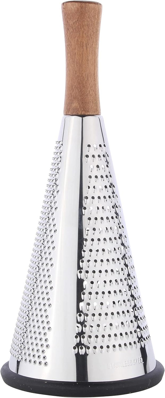 Cone Cheese Grater with Handle - Stainless Steel Triple Function Wood Handle Parmesan Shaver Non-Slip Rubber Bottom Hand Held Multifunction Vegetables Cheese Grater with container(XL:11.8" X 5.1")