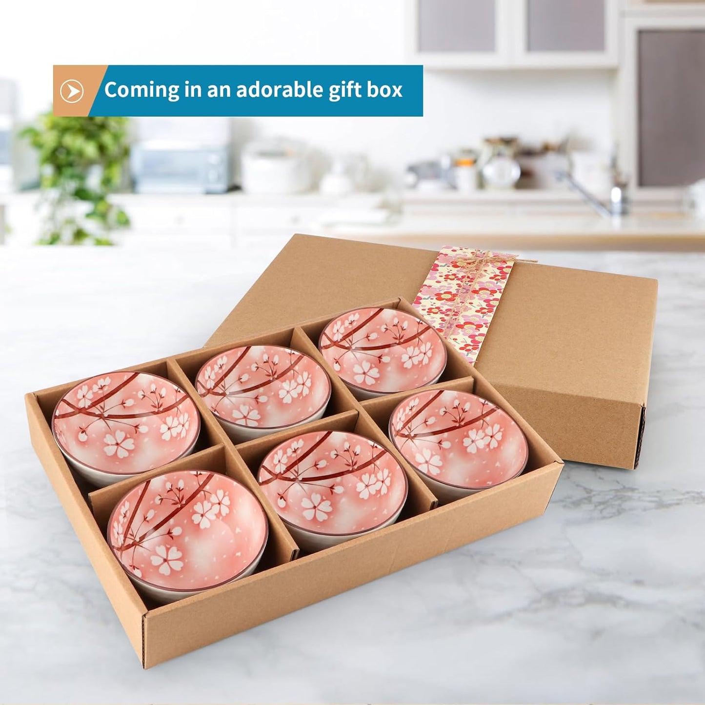 Ceramic Rice Bowls 10 oz, Sakura Bowl Gift Set, Dinnerware Serving Bowls for Rice, Cereal, Noodle, Soup, Desserts, Pack of 6 (Pink)