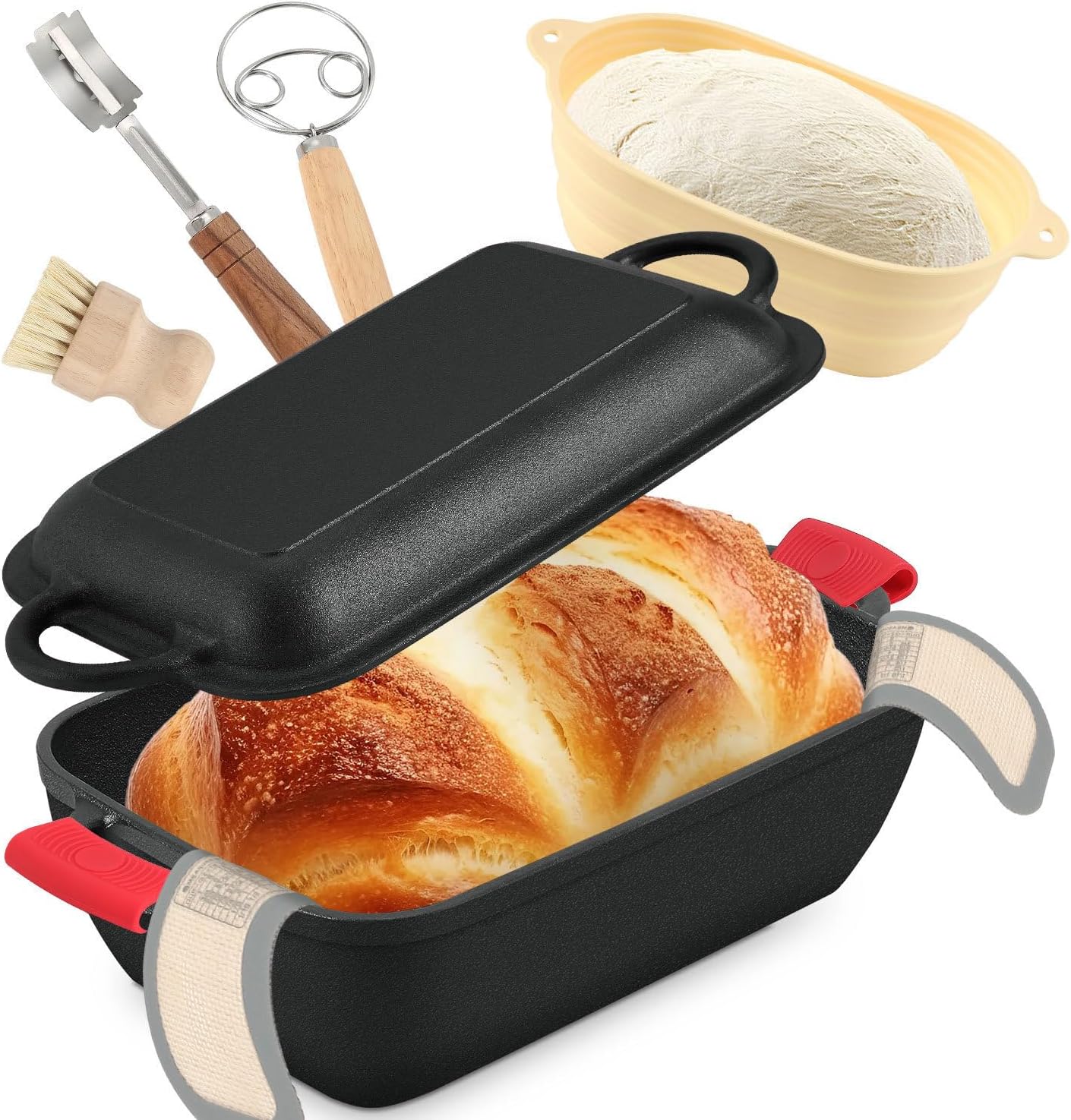 6.35 Qt Oval Cast Iron Dutch Oven for Bread Baking, Bread Baking Pan with Lid includes Bread Baking Supplies, Multi-Functional Sourdough Baking Kit for Frying and Braising