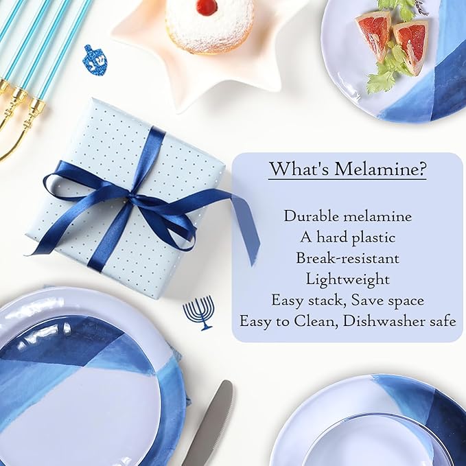 Melamine Plates and Bowls Set - 12pcs Dinnerware Dishes Set for 4, Dinner Plates for Indoor and Outdoor Use, Lightweight Break-resistant, Blue & White