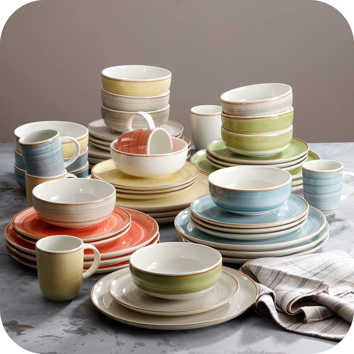 Corona 16 –piece Yellow Hand-painted Vintage Style Ceramic Dinnerware Sets, Plates, Bowls and Mugs, Service For 4, Mustard Caoba
