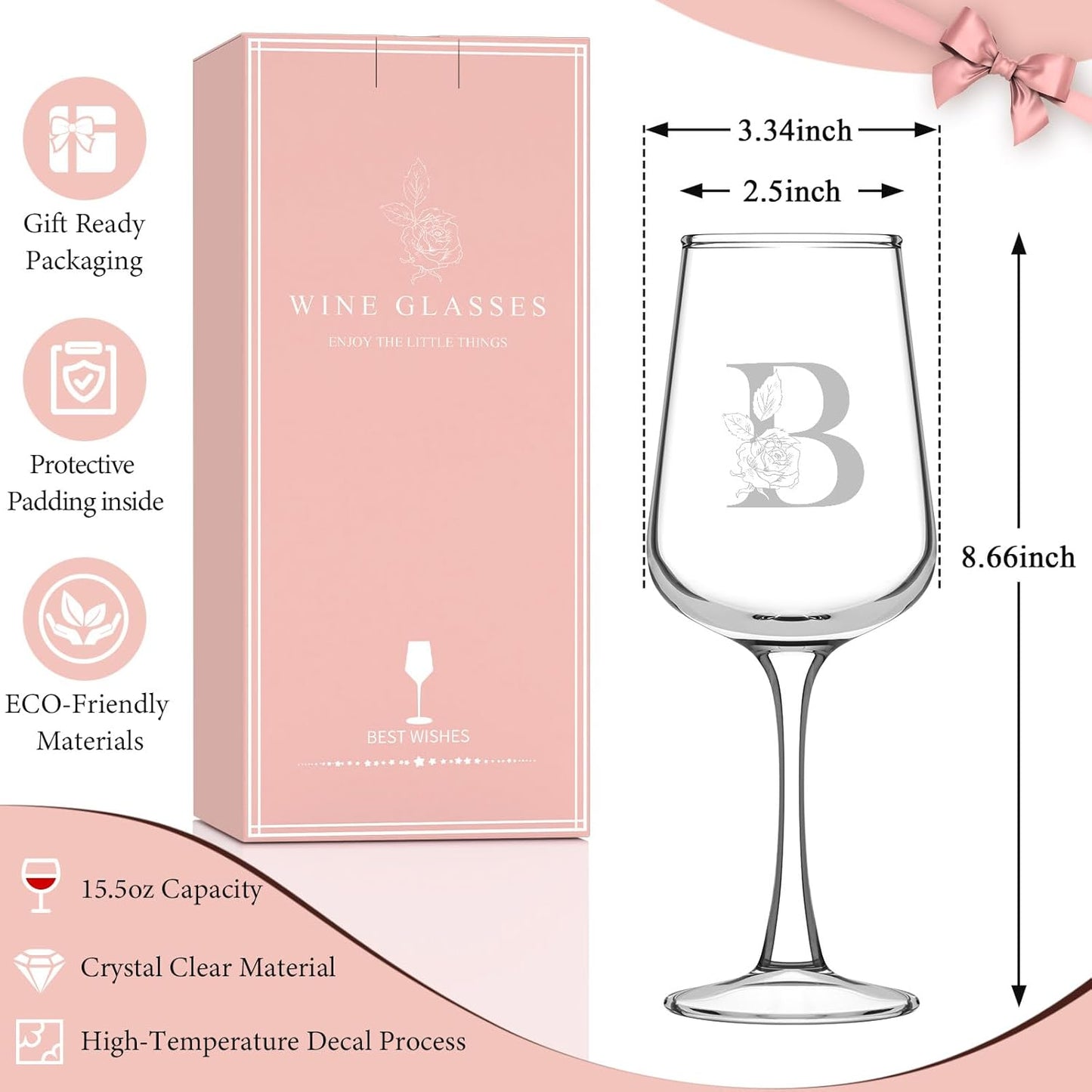 Personalized Wine Glass Gifts for Women - Monogrammed A-Z Wine Glasses Gift | Custom Christmas Gift, Valentines Day, Birthday Gifts for Women Her Mom Wife Best Friend Sister (B)