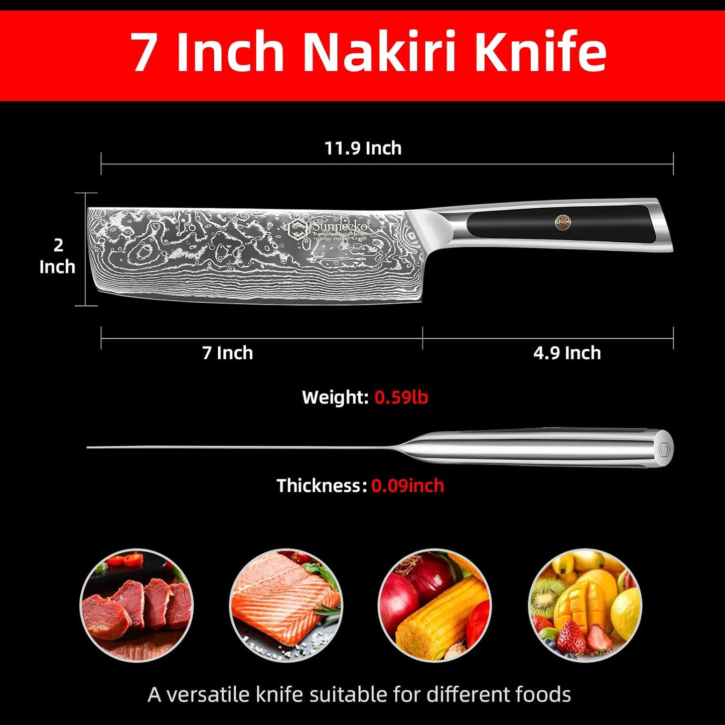 Sunnecko Damascus Kitchen Knife 7 Inch Cleaver Knife VG-10 Stainless Steel Chopping Knife with Solid Handle Nakiri Knife Perfect for Professional Use or Home Cooking Enthusiast