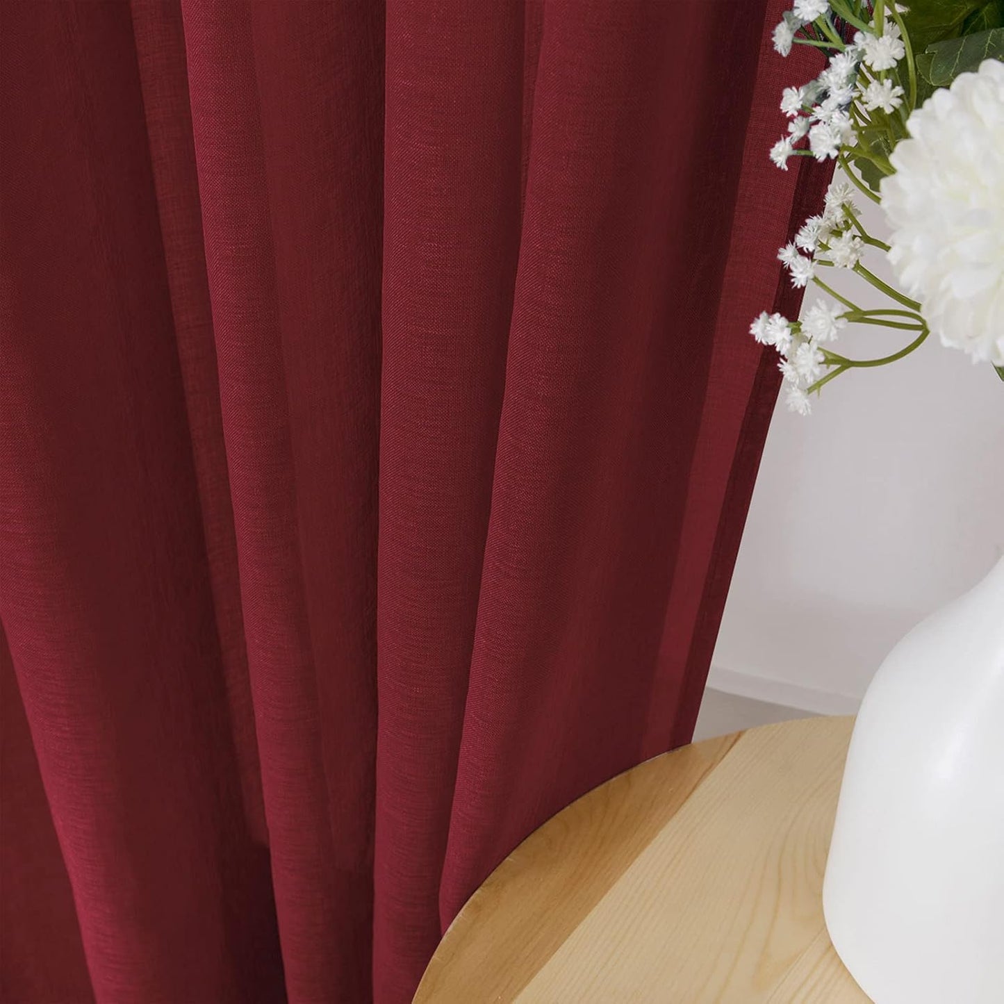 Tollpiz Short Sheer Curtains Linen Textured Living Room Curtain Sheers Light Filtering Rod Pocket Voile Curtains for Bedroom, 42 x 45 inches Long, Burgundy Red, Set of 2 Panels