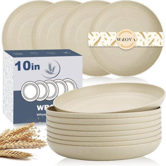 Wrova Wheat Straw Dinner Plates Set of 8 - 10 Inch Unbreakable, Dishwasher & Microwave Safe, Lightweight for Kitchen, R.V. (Beige)
