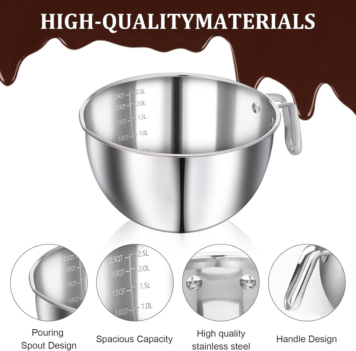304 Stainless Steel Double Boiler Set - 2.6QT Melting Bowl with Scale and Handle - 4.2QT Dual-Handle Pot - Stackable Water Bath Melting Pot Set for Butter, Chocolate, Wax, Sugar, Candle