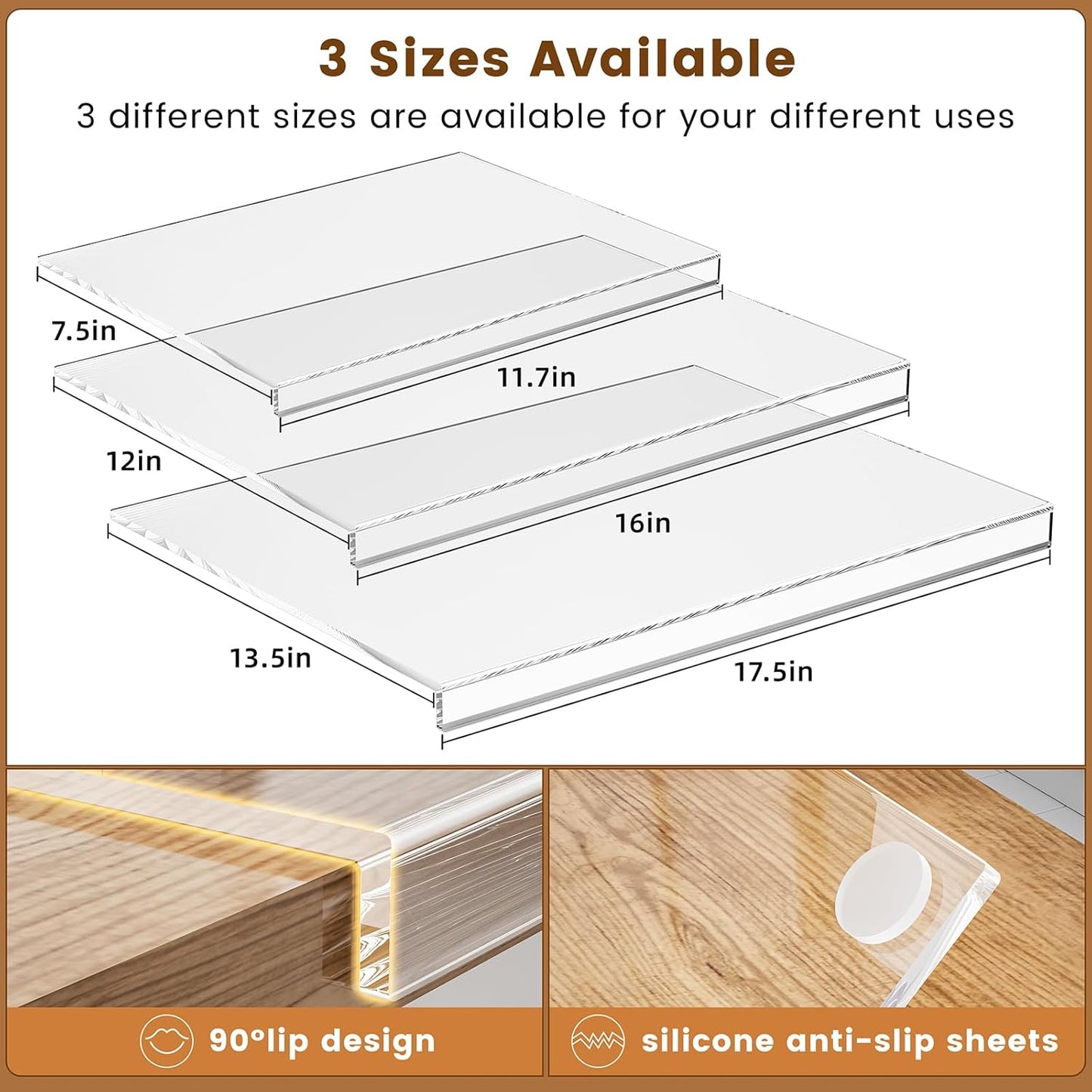 Acrylic Cutting Board with Counter Lip 3-Piece(17.5"x13.5", 16"x12", 11.5"x7.5"), Clear Non-Slip Cutting Boards for Countertop Protection, Durable Chopping Boards for Kitchen Ideal Housewarming Gifts