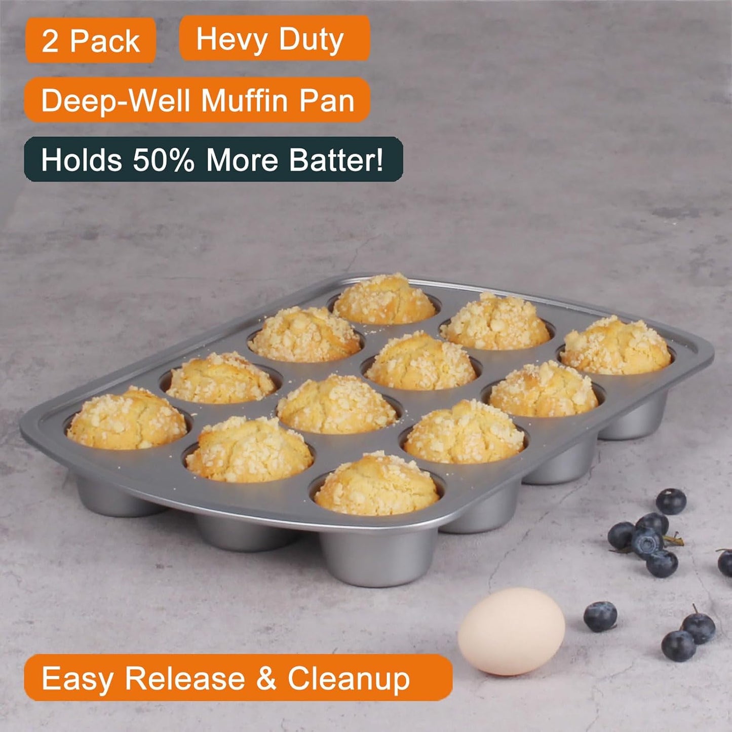 Deep Well Muffin Pan - 12-Cup 2-Pack, 1.77-Inch Deep Cups (50% More Batter), Heavy Duty Carbon Steel with Nonstick and Non-Toxic Coating, 15.9 x 11.1 Inches