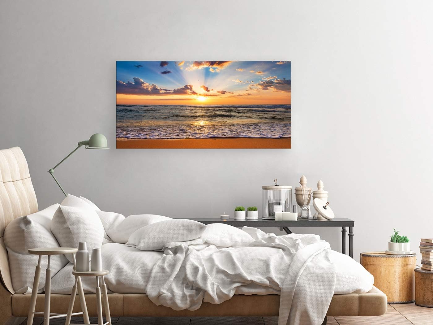Muolunna BK1850 Wall Art Decor Large Canvas Print Picture Sunrise Ocean Beach Waves Scenery Modern Painting Artwork for Office Wall Decor Home Decoration Stretched and Framed Ready to Hang, 20x40inch