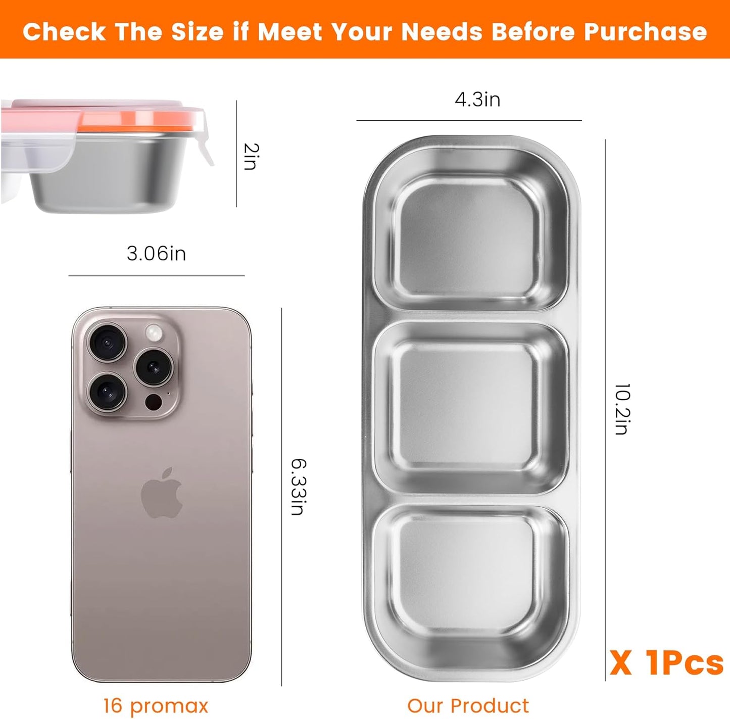 Bandesun Stainless Steel Snack Containers for kids, Leak Proof 3 Compartment Food Storage Containers with Lids, Reusable Stackable Lunch Box for Travel, School, Home, Travel 1Pack