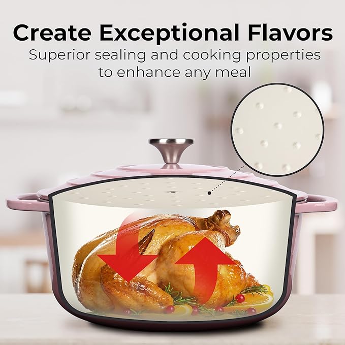 Zulay Kitchen 6 Quart Enameled Cast Iron Dutch Oven Pot with Lid – Premium Durability & Oven Safe up to 500°F – Heavy Duty Cookware Perfect for Bread Baking, Stews, Braising & Roasting – Pink