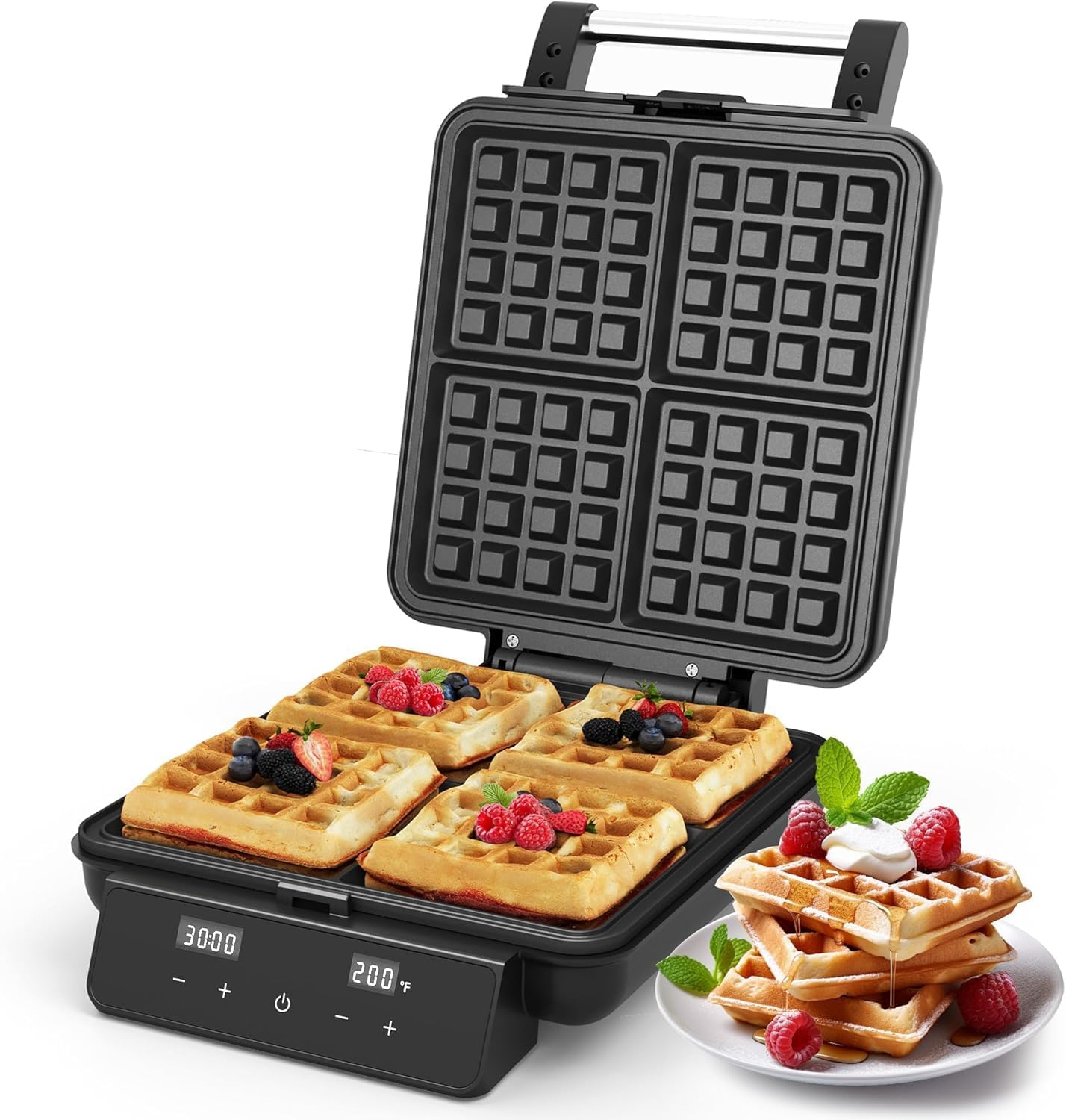 4-Slice Waffle Maker with Nonstick Surface, 1200W Waffle Iron, Time & Temperature Control, LCD Display, Perfect Waffle Maker for Kids and Families, Stainless Steel, Silver
