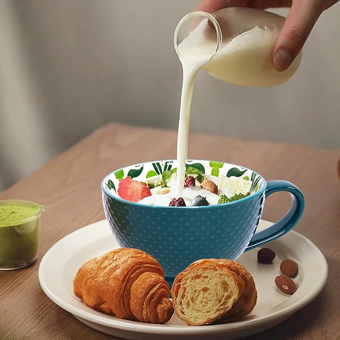 Topadorn Ceramic Coffee Mugs with Handle Set of 2, Hand-Painted Floral Pattern Ceramic Soup Mugs for Salad, Cappuccino, Cereal, Milk, Latte, Tea, Cocoa, Breakfast Oatmeal Cups(Green & Yellow)