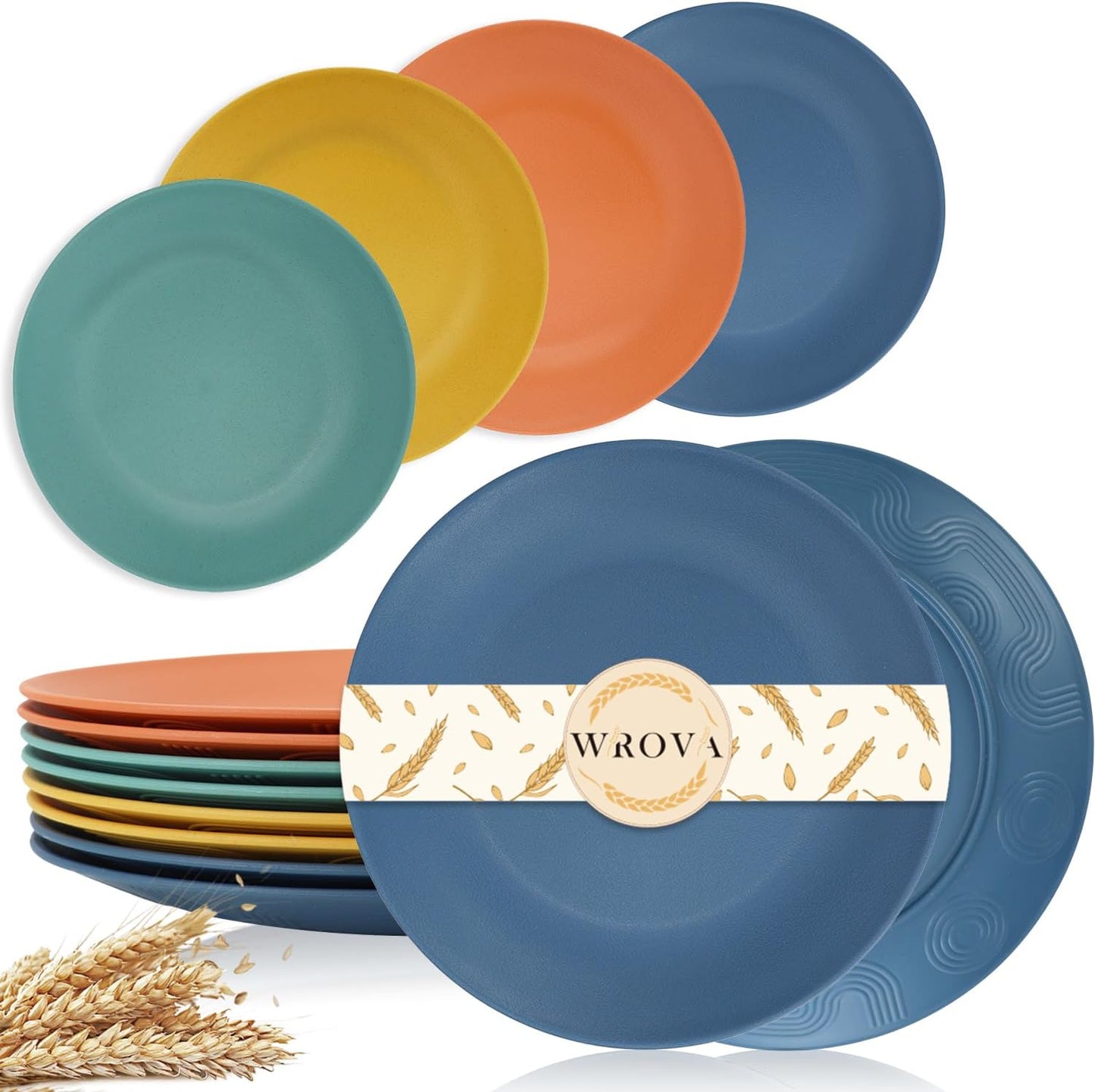 Wrova Wheat Straw Dinner Plates 9 Inch Unbreakable Set of 8 - Dishwasher & Microwave Safe Plastic Plates Reusable - Lightweight Plates for Kitchen,Camping,Apartment,Dorm,RV,Party - Colorful