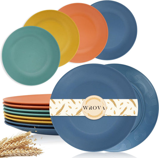Wrova Wheat Straw Dinner Plates 9 Inch Unbreakable Set of 8 - Dishwasher & Microwave Safe Plastic Plates Reusable - Lightweight Plates for Kitchen,Camping,Apartment,Dorm,RV,Party - Colorful