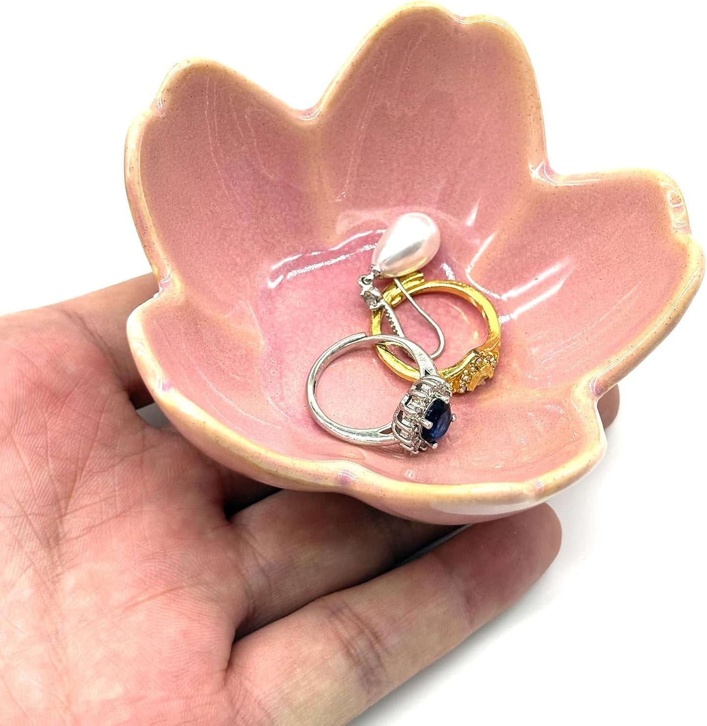 Pink Flower Ring Dish Jewlery Tray, Small Ceramic Jewelry Dish Tray Room Nightstand Decor Trinket Dish Bathroom Ring Holder Jewelry Plate Bowl Christmas Friendship Birthday Gifts for Women Mom