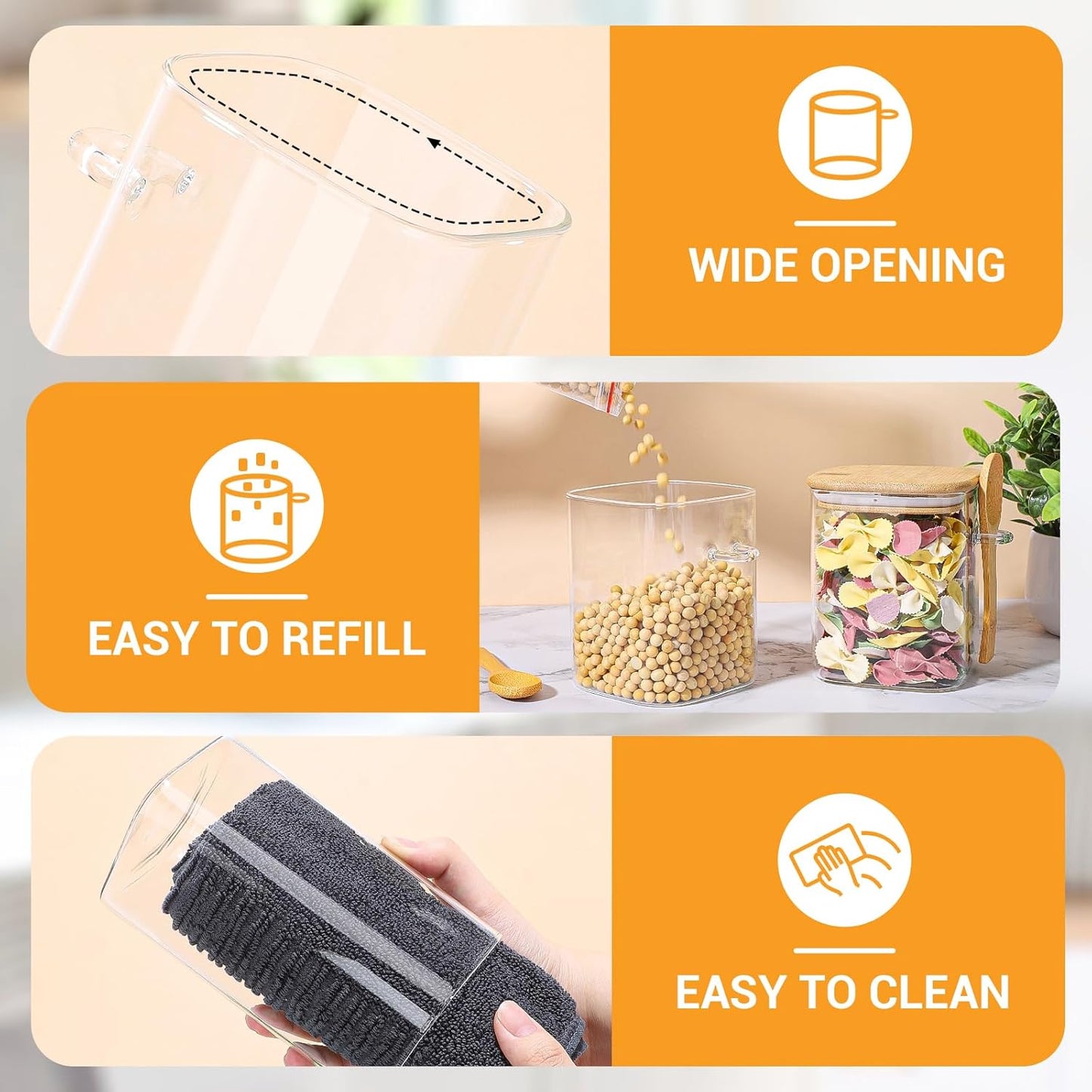 Glass Jars with Airtight Lid - 4 Pack 28 Fl.oz Square Glass Jar with Bamboo Lids and Spoon, Includes Labels and Marker, Flour Sugar Storage Containers for Cereal, Tea, Snacks, Pantry Canister