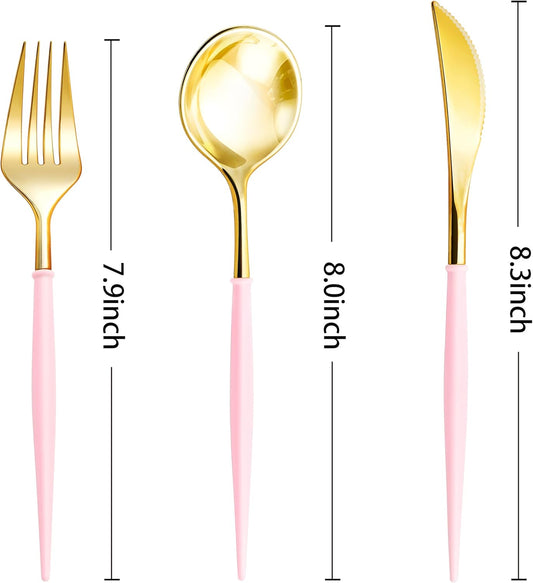 Lullaby 150PCS Gold Plastic Silverware - Disposable Flatware with Pink Handle, Includes 50 Knives, 50 Forks, 50 Spoons, Utensils Plastic disposable for Wedding, Party and Mother's Day