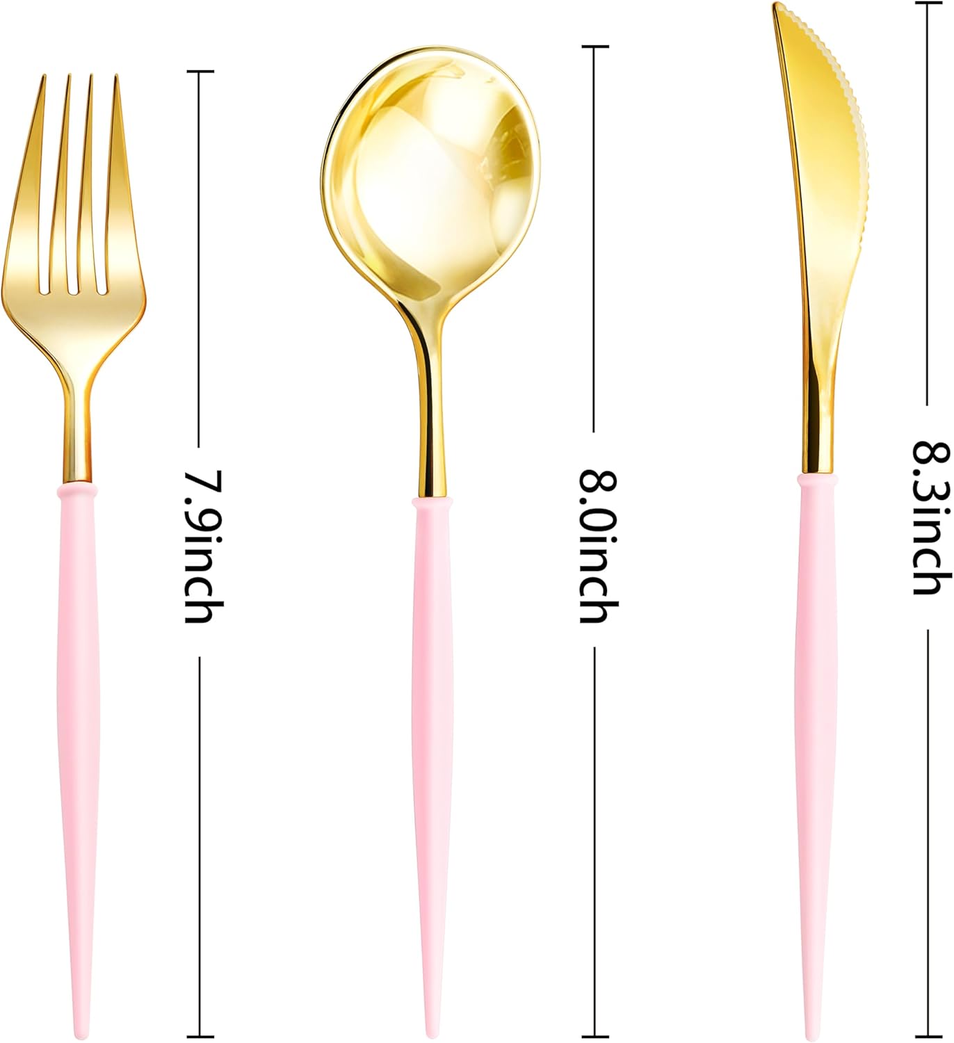 Lullaby 90PCS Gold Plastic Silverware, Gold Disposable Cutlery with Pink Handle Include 30 Forks, 30 Spoons, 30 Knives, Elegant Disposable Silverware for Wedding, Party and Mother's Day