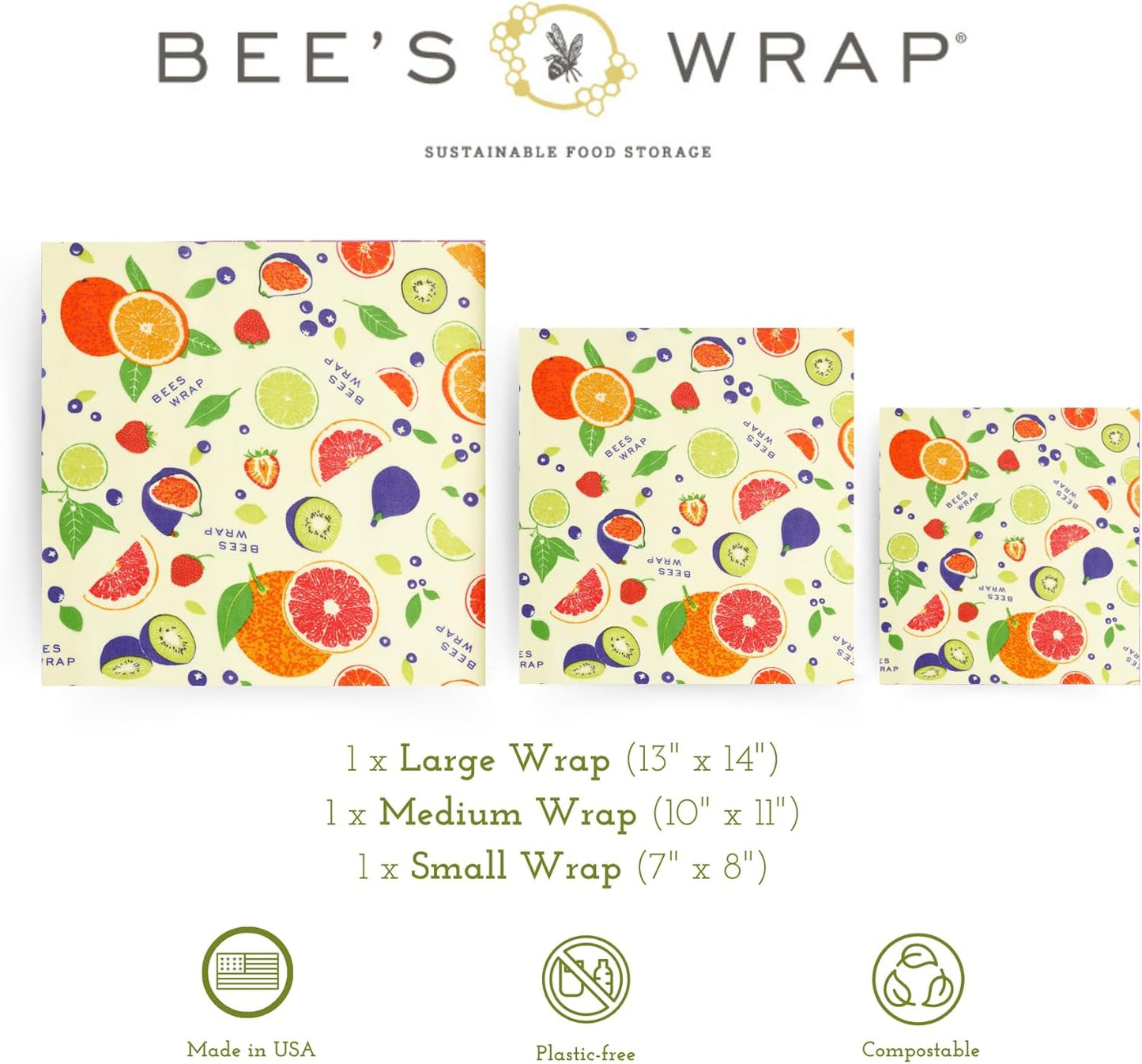 Bee's Wrap Beeswax Wraps for Food - Made in USA Reusable & Organic Food Wraps, Sandwich Wrap & Bowl Covers - Eco-Friendly Alternative to Aluminum Foil & Plastic Wrap, Fresh Fruit 3 Pack (S, M, L)