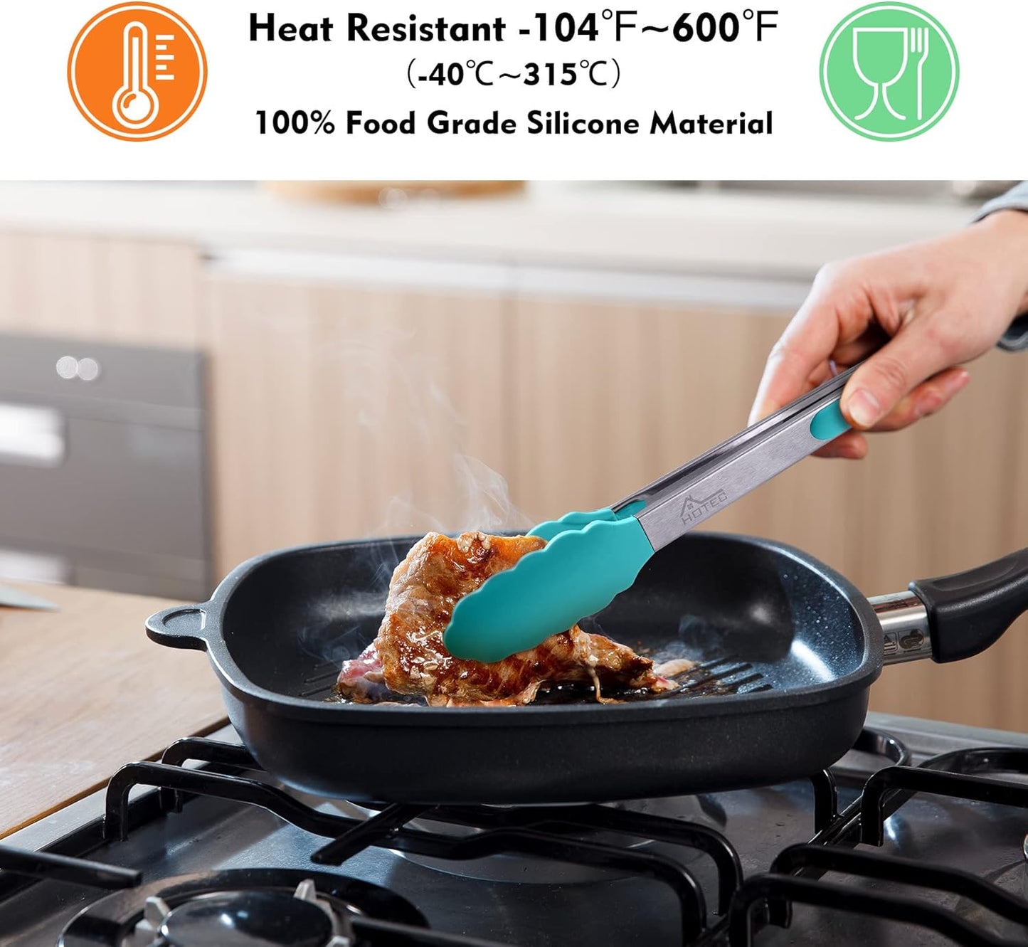 HOTEC Premium Stainless Steel Locking Kitchen Tongs with Silicon Tips, Set of 2-9" and 12", Blue