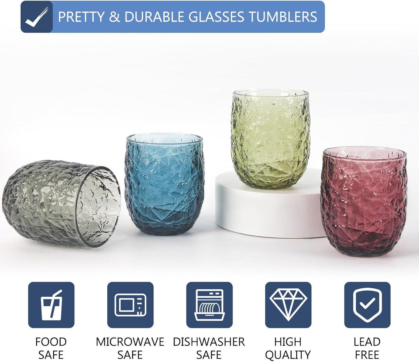 Colored Glasses Drinking Set of 4, 12oz Vintage Drinking Glasses, Drinking Glasses for Cocktail, Beer, Wine, Whiskey, Water & Juice Drinkware (Lce Cracks 4PCS)