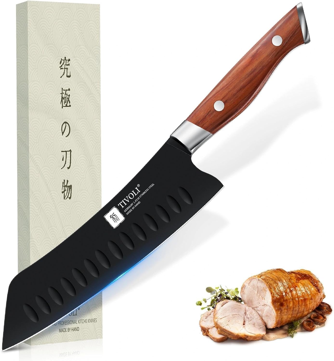TIVOLI Santoku Knife, 7 Inch Professional Chef Knife, High Carbon Steel Ultra Sharp Deep Cooking Knife with Full Tang Ergonomic Wood Handle, Gift for Men Women Christmas