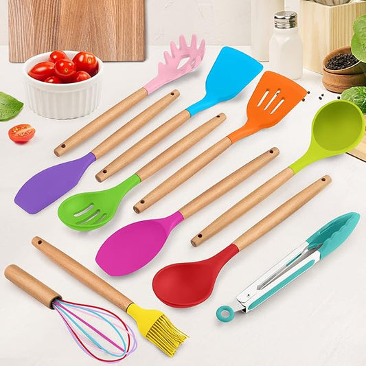 Kitchen Utensils Set of 12, E-far Silicone Cooking Utensils with Holder, Non-stick Cookware Friendly & Heat Resistant, Includes Spatula Tong Whisk Ladle Brush Slotted Turner Spoon(Multi-colored)