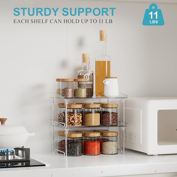 2 Pcs Cabinet Organizer Shelf，Stackable Kitchen Counter Shelves, Spice Rack,Countertop Organizers，Clear Plastic Storage Shelves Rack for Makeup，Bathroom, Cupboard，Desk，Pantry Organization