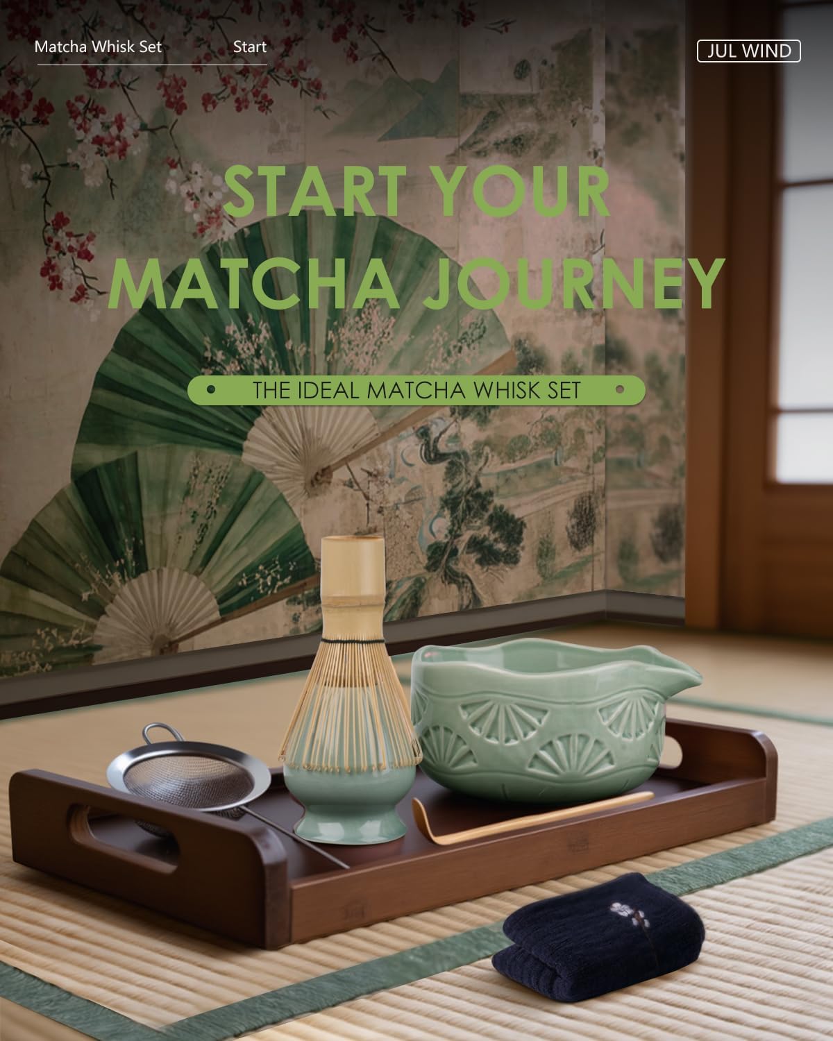 Matcha Whisk Set, Ceramic Matcha Set Includes Matcha Bowl with Spout, Matcha Whisk and Holder, Bamboo Scoop, Sifter and Tea Towel - 6 Pcs Matcha Kit Gift for Matcha Lovers (Green)