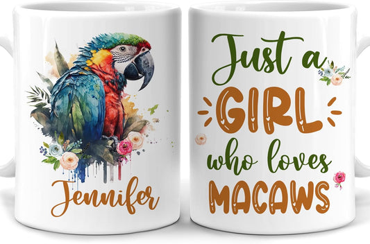 Hyturtle Personalized Gifts Macaw Lover - Just A Girl Who Loves Macaws Custom Name Ceramic Coffee Mug Cup 11oz - Idea Cute Animal Lover Gifts For Women, Girl Daughter On Birthday, Christmas