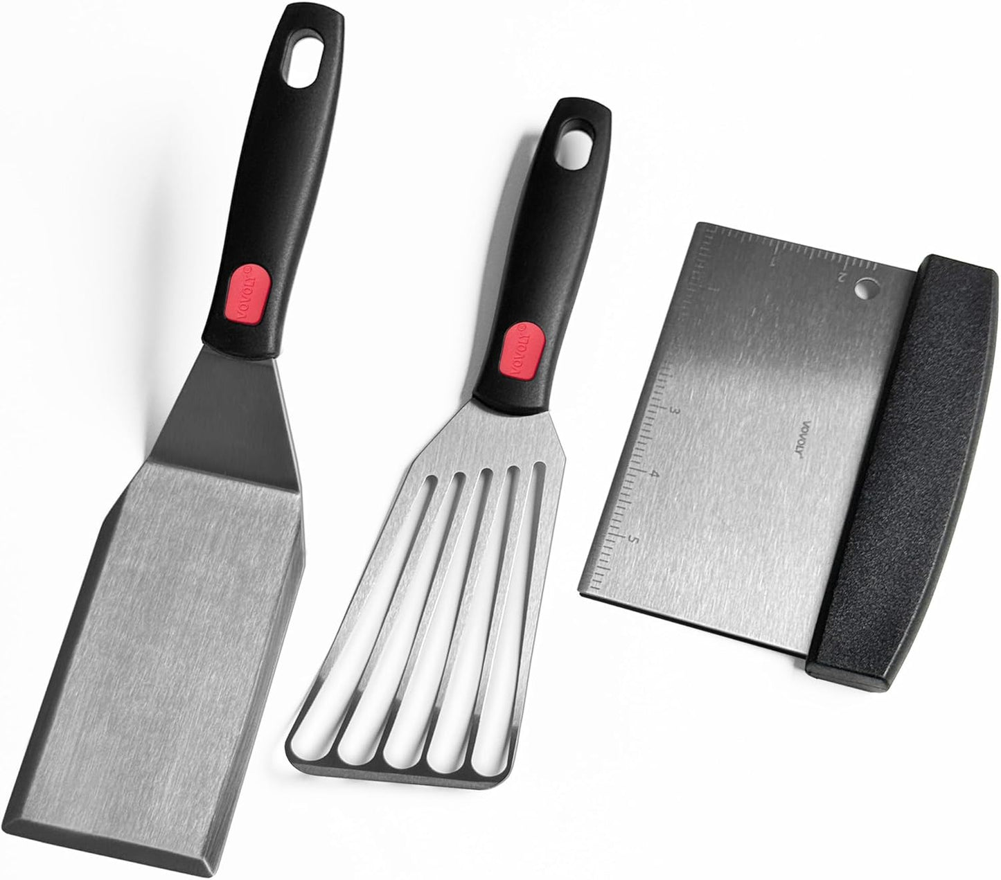 Stainless Steel Spatula Set with Heat Resistant Silicone Handle, VOVOLY Metal Spatulas For Kitchen Use, Thickened Smash Burger Spatula, Fish Flipper, Bench Scraper