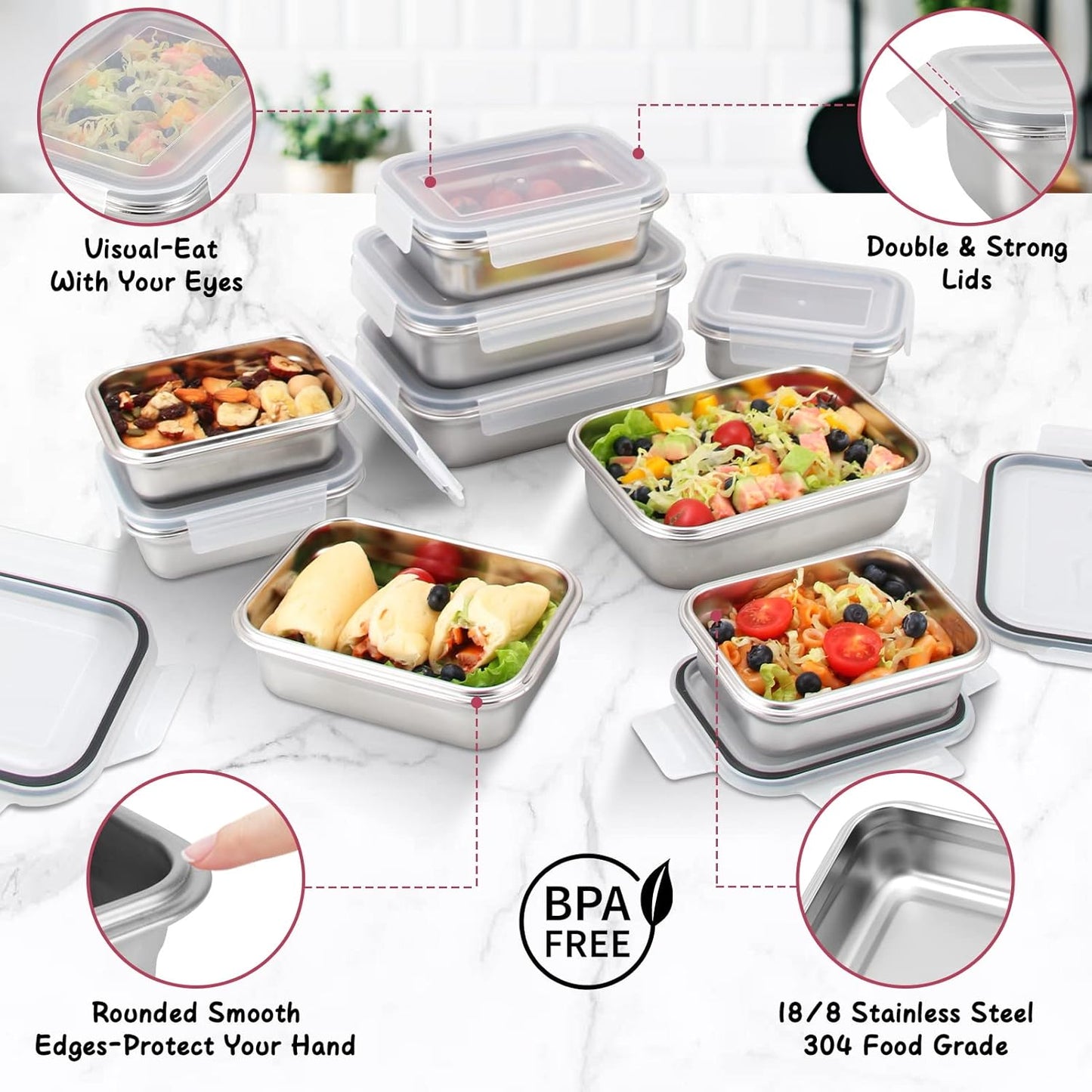 10 PC Square 304 Stainless Steel Food Containers with Lids, Airtight Bento Lunch Box, Metal Meal Prep Food Containers Reusable Stackable | Nestable Oven/Dishwsher/Freezer Safe