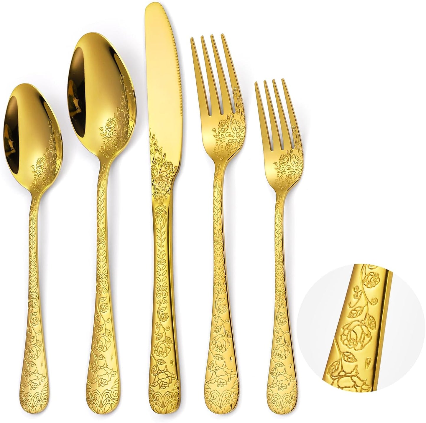 A·HOUSEWARE Gold Flatware Floral Set Stainless Steel Silverware 30 Piece Forks Spoon Knives Cutlery for 6 Kitchen Utensil Vintage Embossed Handle Durable Festival Parties Everyday Use