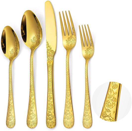 A·HOUSEWARE Gold Flatware Floral Set Stainless Steel Silverware 30 Piece Forks Spoon Knives Cutlery for 6 Kitchen Utensil Vintage Embossed Handle Durable Festival Parties Everyday Use