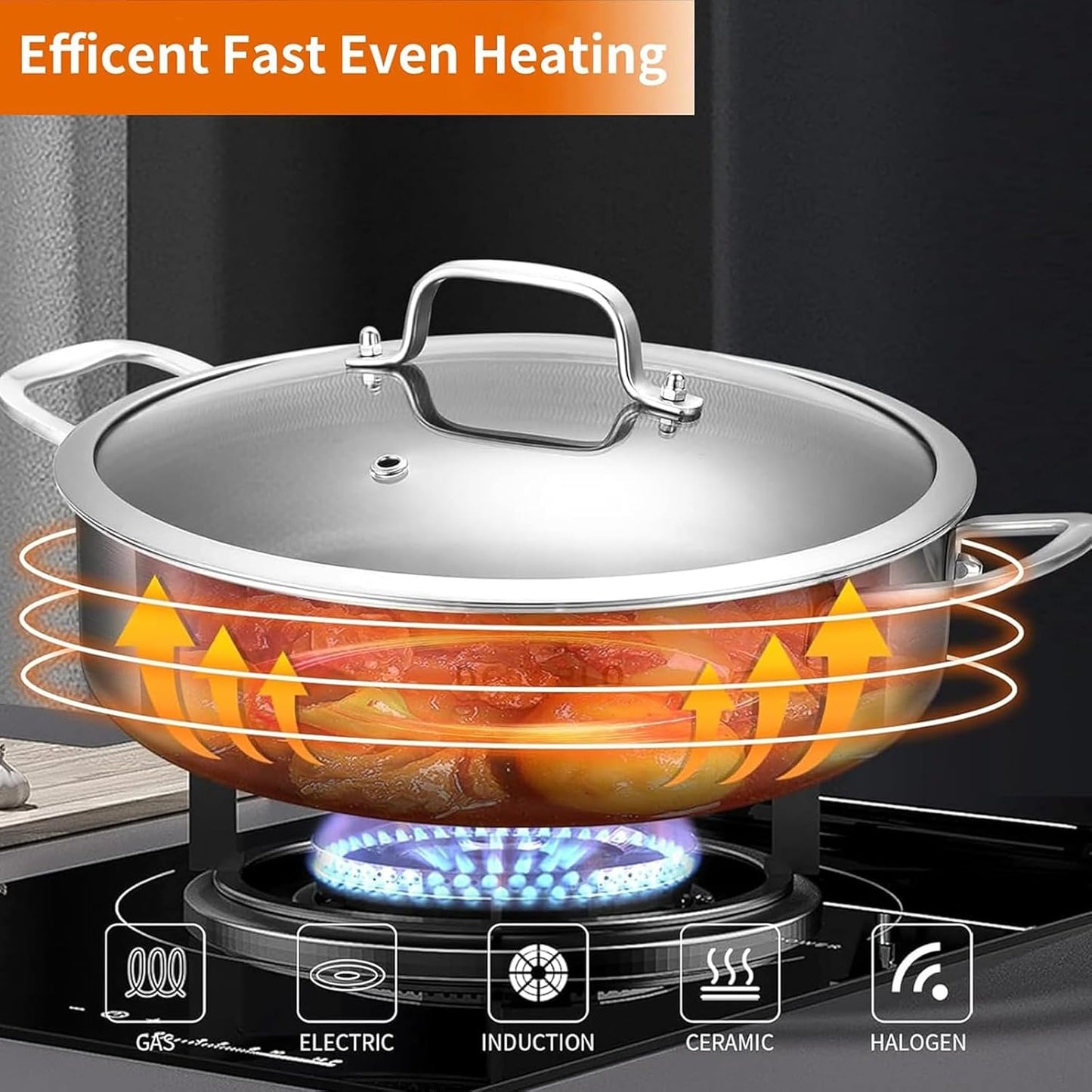 DELARLO Tri-Ply Stainless Steel 7QT Saute Pan 12 Inch Deep Frying Pan with lid Nonstick, Induction Compatible Chef Cooking Pan